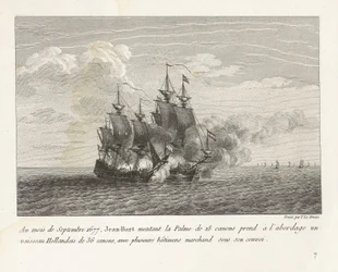 Jan Bart verovert een Hollands fregat, 1677 We wrześniu 1677 Jean-Bart wsiadł na 18-działowy Palme na pokład 36-działowego holenderskiego statku, z kilkoma statkami handlowymi pod swoim konwojem (tytuł na obiekcie) zbiór walk