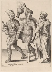 Stary komediant przemawiający do pary ubranej w pióra