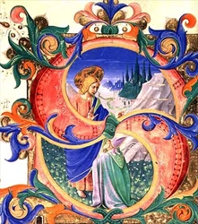 Mszał 515 f.118r Historyczny inicjał „S” przedstawiający Chrystusa błogosławiącego klęczącego biskupa, granica oświetlona przez Filippo di Matteo Torelli (1409-68) z Księgi Chóralnej wykonanej przed 1449 r. (wellum)