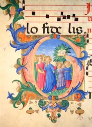 Mszał 515 f.144v Historyczny inicjał „G” przedstawiający wiernych wchodzących do Raju (welum)