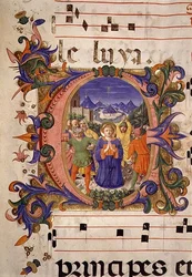 Mszał 515 f.5r Męczeństwo św. Szczepana przedstawione w historycznym inicjale, obramowanie iluminowane przez Filippo di Mateo Torelli (1409-68) z księgi chórów wykonanej przed 1449 r. (vellum)