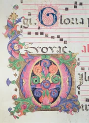 Mszał 515 fol.146r Historyczny inicjał „O” ozdobiony listowiem, szczegół z Księgi Chóralnej sporządzony przed 1449 r.