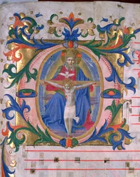 Ms 523 f.166r Historyczny inicjał „O” z Trójcą, z Mszału, c.1446-60 (welum)