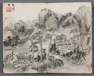 Album miniatur z postaciami i pejzażem pejzaż z dwoma budynkami, 1822.