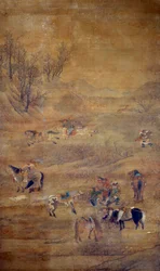 Mongoński jeździec ścigający konia. Malowidło na jedwabiu autorstwa Zhao Mengfu