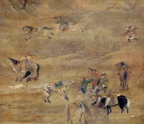 Mongoński jeździec ścigający konia. Fragment. Malowidło na jedwabiu autorstwa Fou Tchao Monga (1254-1322). Dynastia Yuan (1206-1368 n.e.). Paryż, Muzeum Guimet, Narodowe Muzeum Sztuki Azjatyckiej
