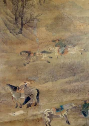 Mongolski jeździec goni konia. Szczegół. Jedwabny obraz autorstwa Fou Tchao Mong