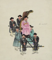 Wysoki rangą urzędnik koreański, prawdopodobnie premier, noszony w wymyślnym fotelu Sedan, ok. 1930 r. 1890 (akwarela)