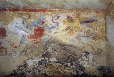 Błękitny Demon z wężami, fresk, Grobowiec Błękitnych Demonów, Nekropolia Tarquinia (Lista Światowego Dziedzictwa UNESCO, 2004), Lacjum, Włochy Cywilizacja Etrusków, V wiek p.n.e.