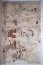 Burgundia, Lancharre, gmina Chapaize 71460. W kościele Notre Dame, malowidło ścienne. Dwóch rycerzy w kolczugach (fresk)