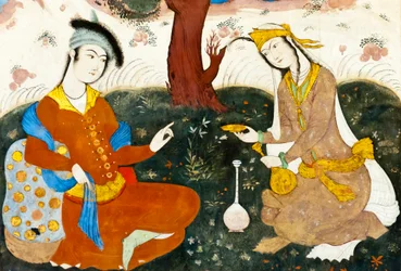 Fresk; dwoje kochanków; miniatura perska; Chehel Sotoun; Pałac Czterdziestu Filarów; Isfahan; Iran; Azja