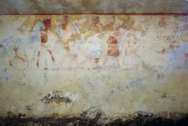 Kondukt żałobny z tancerzami i muzykami, fresk, Grób Błękitnych Demonów, Nekropolia Tarquinia (Lista Światowego Dziedzictwa UNESCO, 2004), Lacjum, Włochy Cywilizacja Etrusków, V wiek p.n.e.