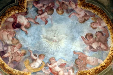 Duch Święty i aniołowie. Świeży. Bazylika Santa Maria delle Vigne. Genua. Włochy.