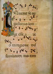 Iluminowany inicjał z postacią św. Augustyna (Corale 19, ok. 149), dzieło Silvestro dei Gherarducci do księgi chóralnej 19 Santa Maria degli Angeli przechowywanej w Biblioteca Medice-Laurenziana we Florencji