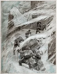 Włoscy turyści utknęli w burzy we włoskich Alpach. 1925 (ilustracja)