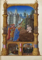 Les Très Riches Heures du duc de Berry, Folio 82r - Job wyśmiewany przez jego przyjaciół z Musée Condé, Chantilly. Job, jego żona i jego przyjaciele.