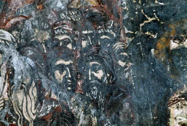 Postacie męskie, uszkodzony fresk na suficie kościoła Agios Vasileios, Vavouledo, Kreta, Grecja (zdjęcie)
