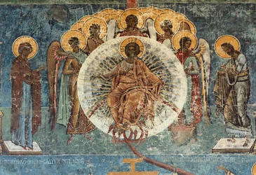 Klasztor (manastirea Voronet). Kościół. Zewnętrzny. Malowidła ścienne. Strona zachodnia. Szczegół.