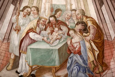 Kościół Matki Bożej Wniebowzięcia Kordonu. Fresk. Obrzezanie Chrystusa. Francja. Francja.