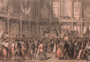 Plebiscyt na przyłączenie do Włoch, sala Uniwersytetu Neapolitańskiego, Kampania, Risorgimento włoskie, litografia Carlo Perrin z rysunku Carlo Bossoli (1815-1884), 22x15 cm
