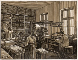 Drukarnia w Budapeszcie na Węgrzech: oprawa i przygotowanie książek. Praca kobiet. ok. 1910 (ilustracja)
