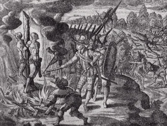 Zemsta Hiszpanów za śmierć Ayolas, z Gottfrieds Historia Antipodum, wyd. w 1655, z Romans of the River Plate, t. I, WH Koebel, 1914