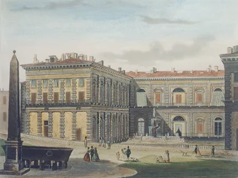 Wewnętrzny dziedziniec Palazzo Pitti, Florencja, rytowany przez Johanna Falkeisena (1804-83) i kolorowany przez L. Cherbuina, ok. 1842 (akwatinta)