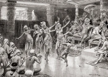 XIX-wieczny rysunek Gautamiputry Satakarani świętującego zwycięstwo nad Nahapaną, z Hutchinsons History of the Nations, pub.1915.