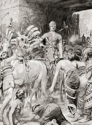 Psamtik I Egiptu wjeżdżający do miasta Azotus lub Aszdod, z Historii Narodów Hutchinsonów, wyd. 1915