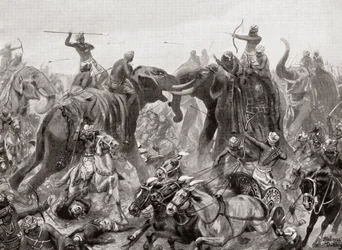 Klęska Pulakeshin Chalukhya przez Narasimhavarmana I pod Badami w 642 AD, z Hutchinsons History of the Nations, wyd. 1915