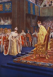 Królowa Aleksandra kłania się królowi Edwardowi VII w drodze na tron
