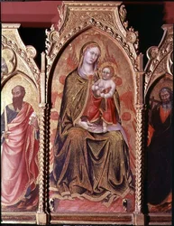 Ołtarz Gerarda Cossassi degli Assi, fragment środkowego panelu przedstawiający Madonnę z Dzieciątkiem na tronie (olej na panelu)