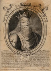 Chlodion, zwany „Długowłosym” (428-448), przodek Merowingów i wódz Franków salickich. Rycina z dzieła „Dostojne przedstawienia wszystkich królów Francji od Faramunda”.
