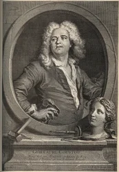 Portret Guillaume Coustou (1677-1746) francuskiego rzeźbiarza - rycina Larmessina wg J.de Liena
