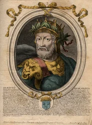 Portret Merovee lub Merovech, król franków (v448-v458), pierwszy król rasy Merowingów - Portret Merovech (Meroveus) (d456) King of the Salian Franks - rycina z 