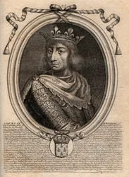 Portret Saint Louis (Saint-Louis, Louis IX (1214-1270) - Saint Louis IX (1214-70) król Francji - grawerowanie z "Les Augustes Reprezentacje wszystkich królów Francji od Faramonda do Ludwika XIV", Paryż