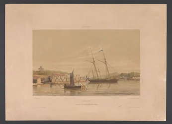 Port w Willemstad Curaçao. Miejsce cumowania okrętów wojennych w porcie (tytuł na obiekcie) Indie Zachodnie (tytuł serii na obiekcie) Widoki z holenderskich Indii Zachodnich (tytuł serii)