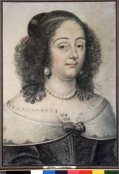 „Portret kobiety” To prawdopodobnie królowa Anglii Henriette Marie (1609-1669). Rysunek kredą Daniela Dumoustier (lub Dumonstier) (1574-1646) 1640 Muzeum Puszkina, Moskwa