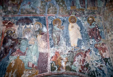Chrystus i święci, fresk w bizantyjskim kościele Sotiras Christos, Vlithias, Kreta, Grecja (zdjęcie)