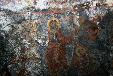 Chrystus z aniołami i świętym, fresk w kościele Panagia, Kitiros, Kreta, Grecja (zdjęcie)
