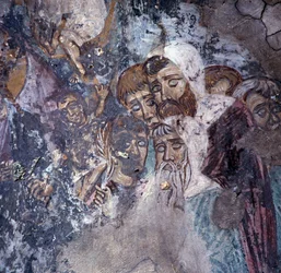 Grupa mężczyzn, fresk w kościele w Kandanos, Kreta, Grecja (zdjęcie)