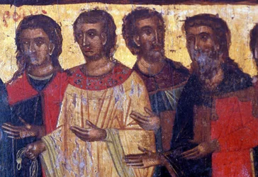 Postacie męskie, drewniany panel w bizantyjskim kościele Palea Roumata, Kreta, Grecja (zdjęcie)