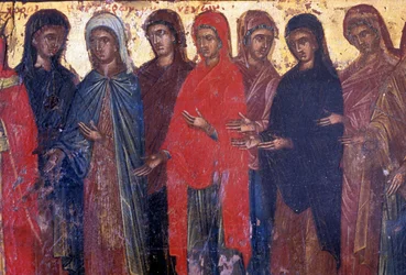 Pobożne kobiety, drewniany panel w bizantyjskim kościele Palea Roumata, Kreta, Grecja (zdjęcie)