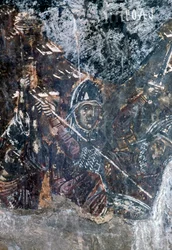 Żołnierz, uszkodzony fresk na suficie kościoła Agios Vasileios, Vavouledo, Kreta, Grecja (zdjęcie)