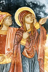 Św. Longin i Maria, scena Ukrzyżowania, fresk w klasztorze Mikro Sotiris, wyspa Symi, Grecja (zdjęcie)