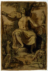 Orfeusz czarujący zwierzęta muzyką skrzypiec. Rysunek Federico Zuccari (1542-1609).