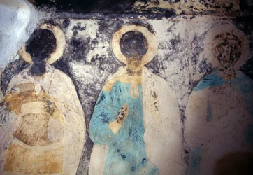 Figury świętych, fresk w klasztorze Taxiarhis Mihail Roukouniotis, Panormitis, wyspa Symi, Grecja