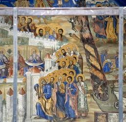 Św. Piotr otwierający bramy Nieba, fresk Sądu Ostatecznego w klasztorze Timios Prodromos, Serres, Macedonia Środkowa, Grecja