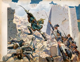 Kampania (wyprawa) egipska: Joachim Murat (1767-1815) podczas oblężenia św. Jana z Akki w Egipcie. Grawerowanie Jacques Marie Gaston Onfray de Breville dit Job (1858-1931)
