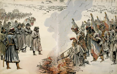 Kampania Rosji (1812): Podczas odwrotu Rosji Napoleon I Bonaparte (1769-1821) nakazał spalić flagi i orły, aby nie dopuścić do ich przejęcia przez wroga. W „”Napoleonie”” Georgesa Montorgueila. Ilustracja Jacquesa Marie Gastona Onfray